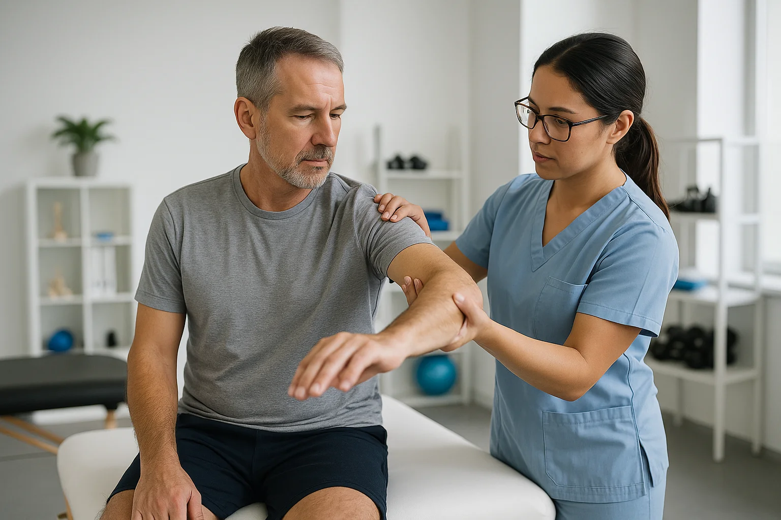 Paciente adulto en su primera sesión de fisioterapia, mientras una profesional evalúa el hombro tras una lesión. Ideal para quienes buscan cuándo iniciar rehabilitación física.