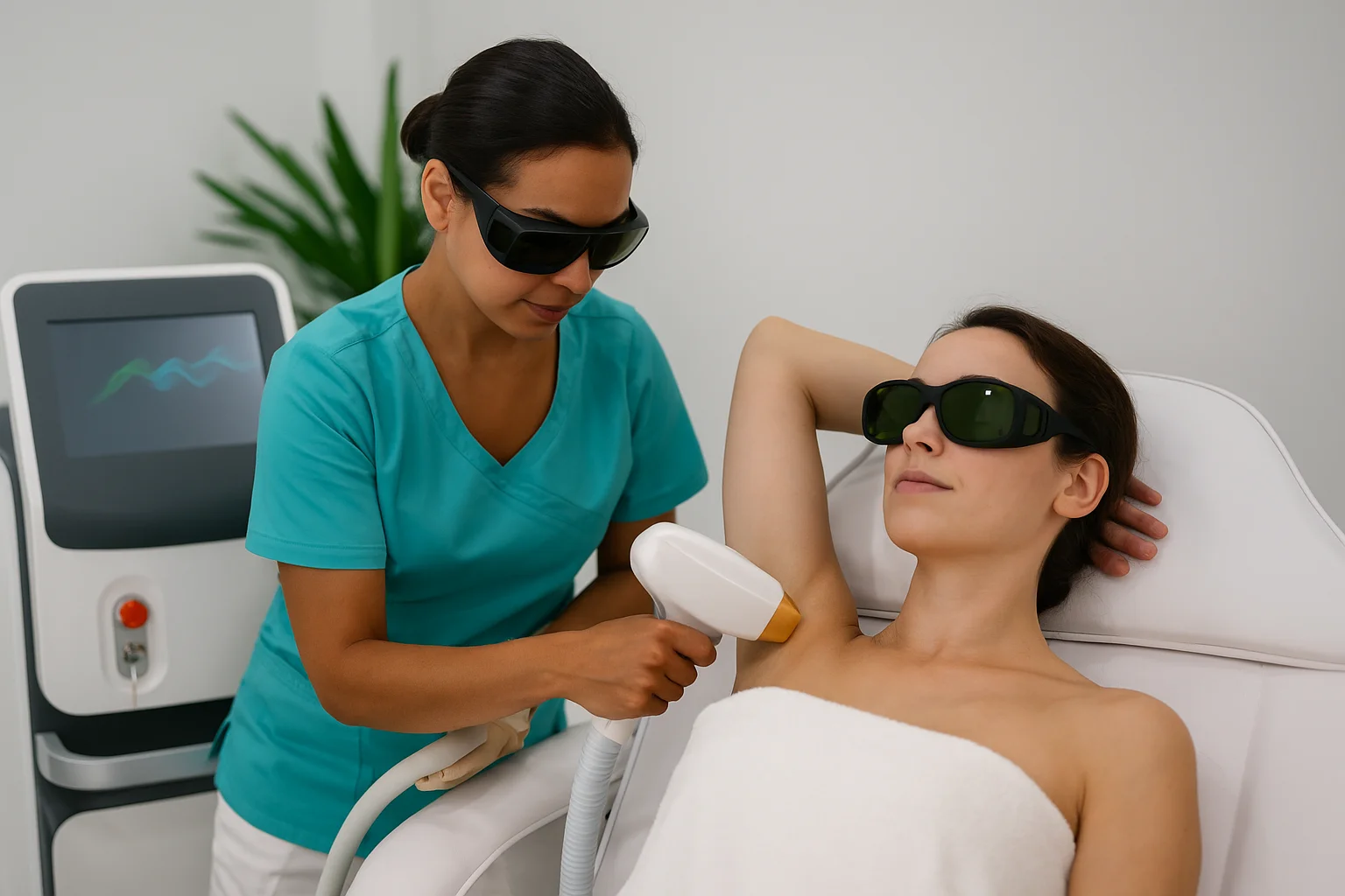 Sesión de depilación láser triláser realizada en una clínica moderna por una profesional con equipo especializado, aplicando tecnología Alejandrita, Diodo y ND YAG en una paciente.